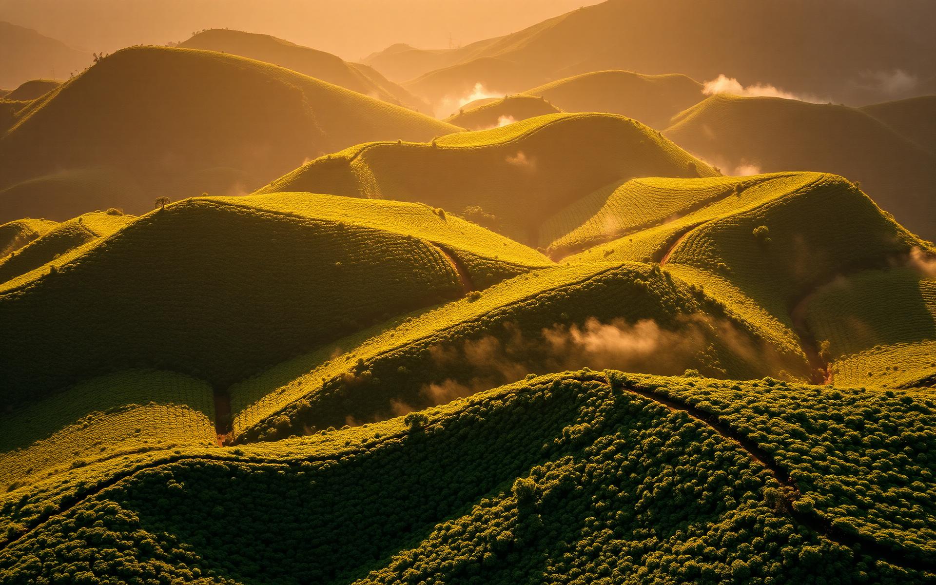 Brazilian coffee plantation at golden hour